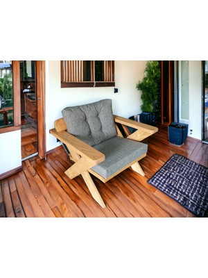 Zerka Concept Berlin Masif Ahşap Bahçe Balkon Koltuk Kestane Ağacı - 1 Adet Tekli Koltuk Gri A.t.