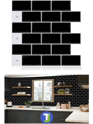 Technojet 1Adet 3boyutlu Seramik Efekt Kendinden Yapışkanlı Siyah Karo Pvc Mutfak Tezgah Kaplama 30CM×30CM