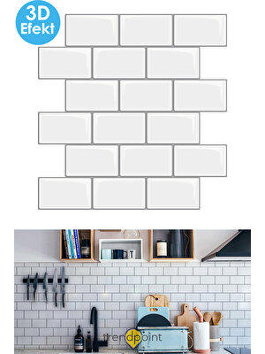 Trendpoint 3D 30×30CM Mutfak Tezgah Arkası Kaplama Kendinden Yapışkanlı Beyaz Seramik Görünüm Banyo