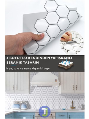 Technojet 1Adet 3boyutlu Seramik Efekt Kendinden Yapışkanlı Beyaz Karo Pvc Mutfak Tezgah Kaplama 30CM×30CM