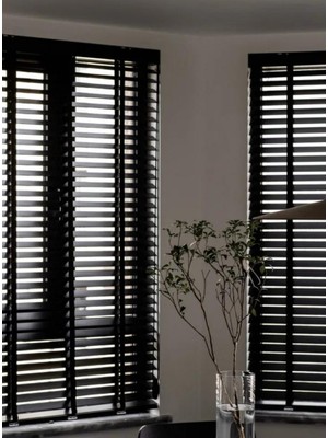 YS Perde Tasarım Wooden Blinds %100 Doğal Ahşap Jaluzi Perde 50MM, Alüminyum Kasalı Jaluzi - Siyah Kurdelalı