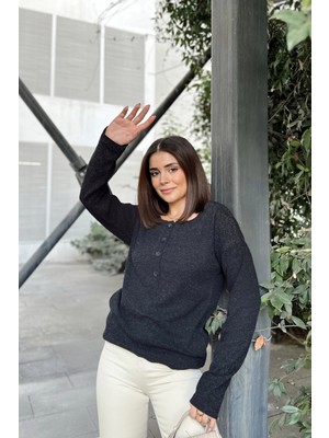 New Laviva Kadın Antrasit Yumuşak Dokulu, Düğmeli Bisiklet Yaka, Regular Kesim Triko Kazak, Bluz