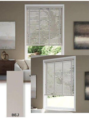 YS Perde Tasarım Wooden Blinds %100 Doğal Ahşap Jaluzi Perde 50MM, Alüminyum Kasalı Jaluzi - Bej Kurdelalı