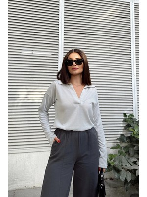 New Laviva Kadın Mint Polo Yaka Keten Bluz, Uzun Kol, Regular Kesim, Günlük ve Spor Kaliteli Kumaş Sweatshirt