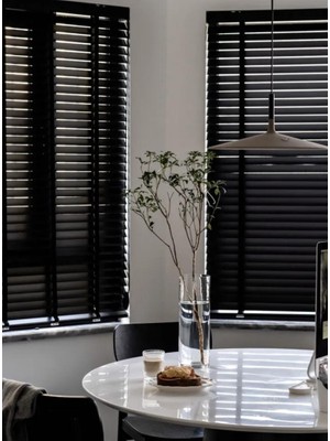 YS Perde Tasarım Wooden Blinds %100 Doğal Ahşap Jaluzi Perde 50MM, Alüminyum Kasalı Jaluzi - Siyah Kurdelalı