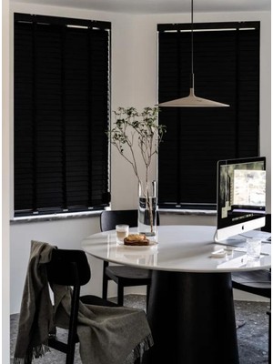 YS Perde Tasarım Wooden Blinds %100 Doğal Ahşap Jaluzi Perde 50MM, Alüminyum Kasalı Jaluzi - Siyah Kurdelalı