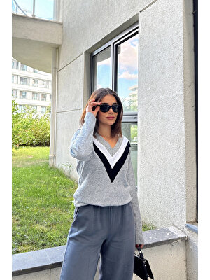 New Laviva Kadın Gri Uzun Kollu V Yaka Color Block Bluz Sweatshirt & Pamuklu Kazak