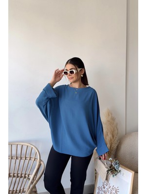 New Laviva Kadın Indigo Airobin Yarasa Duble Kol Salaş Bluz Ekstra Oversize Yuvarlak Yaka - Tesettüre Uygun