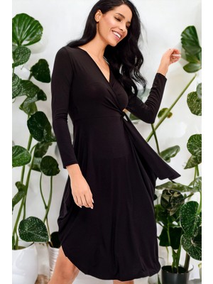 New Laviva Kadın Siyah Basic Kaliteli Kumaş Oversize Kesim Uzun Kol Kruvaze Yaka Midi Boy Diz Üstü Elbise