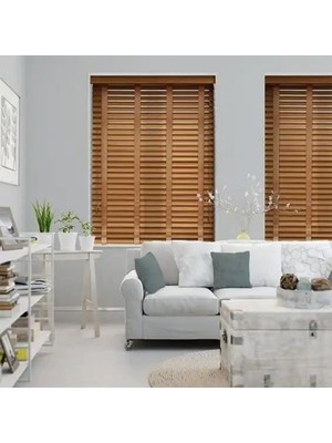 YS Perde Tasarım Wooden Blinds %100 Doğal Ahşap Jaluzi Perde 50MM, Alüminyum Kasalı Jaluzi - Meşe Kurdelalı