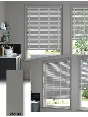 YS Perde Tasarım Wooden Blinds %100 Doğal Ahşap Jaluzi Perde 50MM, Alüminyum Kasalı Jaluzi - Vizon Kurdelalı