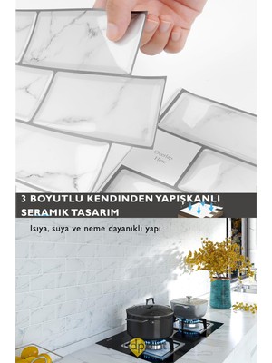 Trendpoint 3D 30×30CM Mutfak Tezgah Arkası Kaplama Kendinden Yapışkanlı Beyaz Mermer Seramik Görünüm