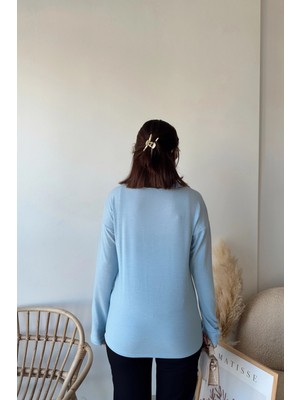 New Laviva Kadın Bebe Mavi Polo Yaka Keten Bluz, Uzun Kol, Regular Kesim, Günlük ve Spor Sweatshirt