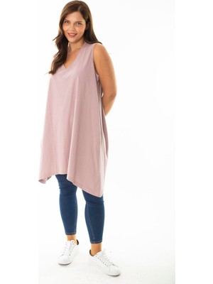 Şans Kadın Büyük Beden Somon V Yakalı Uzun Kolsuz Bluz 65N36920