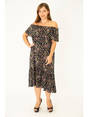 Şans Kadın Büyük Beden Renkli Dokuma Viskon Kumaş Yakası Lastik Ve Volan Detaylı Elbise 65N36916