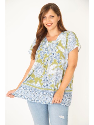 Şans Kadın Büyük Beden Mavi Yaka Detaylı Bluz 65N36918