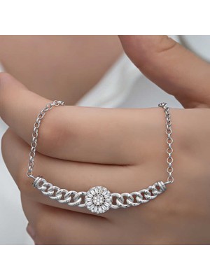 Gumush Gümüş Gurmet Zincirli Yuvarlak Baget Taşlı Kadın Kolye