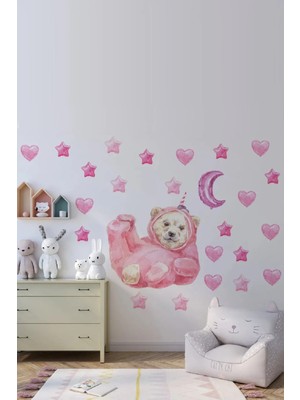 Kt Grup Sevimli Pijamalı Ayıcık Pembe Kalpler ve Yıldızlar Kız Çocuk Odası Duvar Sticker Seti