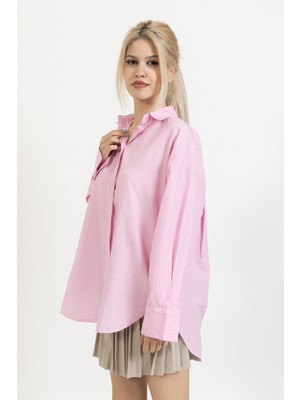 Quzu Ince Çizgili Gömlek, Pembe-Beyaz Gömlek, Terletmeyen, Pamuklu, Oversize, Rahat, Bol Gömlek