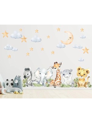 Kt Grup Yavru Hayvanlar Zebra Fil Zürafa Hippo ve Aslan Çocuk Odası Duvar Sticker Seti