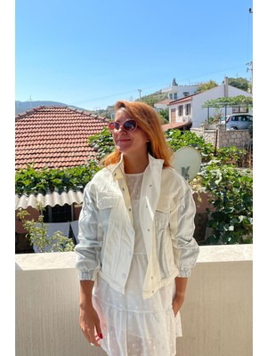 Calaluna Butik Kadın Beyaz Gümüş Varak Baskılı Kot Ceket
