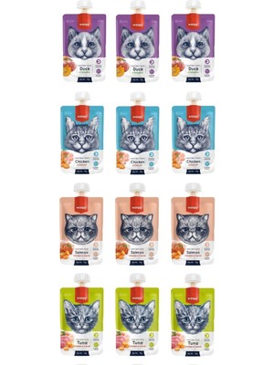 Wanpy 4 Çeşit Kedi Et Ezmesi 90 Gr. x 12 Lezzetli Tavuk, Ördek, Somon ve Ton Balığı