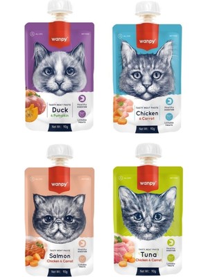Wanpy 4 Çeşit Kedi Et Ezmesi 90 gr x 4 Adet Sağlıklı Lezzetler ile Kedinizin Damağına Hitap Edin