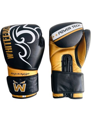 Whiteface Power Tech Deri Boks-Kickboks-Muay Thai Eldiveni (Siyah-Gold) 10-12 Oz.