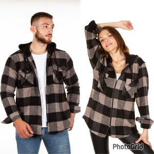 Kapüşonlu Fermuarlı Unisex Dama Desen Oduncu Gömleği