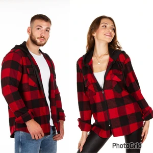 Kapüşonlu Fermuarlı Unisex Dama Desen Oduncu Gömleği