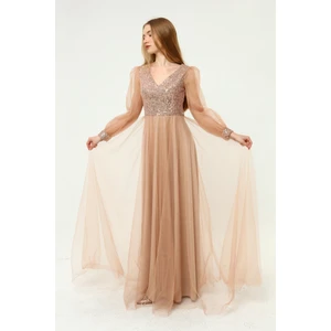 Payet Detaylı V Yaka Tül Abiye Elbise