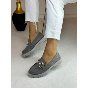 Tina Gri Süet Taşlı Toka Deaylı Kadın Loafer
