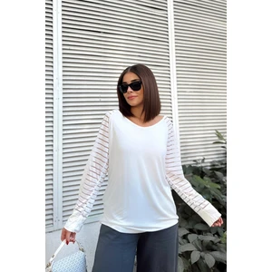 New Laviva Kadın Beyaz Şerit Tül Detaylı Uzun Kollu, Geniş Yaka, Salaş Kesim Bluz