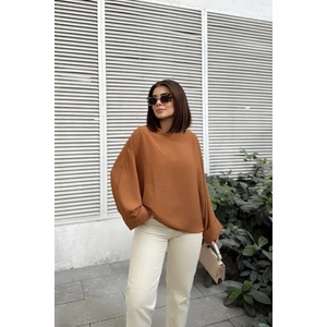 New Laviva Kadın Taba Airobin Yarasa Duble Kol Salaş Bluz Ekstra Oversize Yuvarlak Yaka - Tesettüre Uygun
