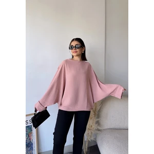 New Laviva Kadın Pudra Airobin Yarasa Duble Kol Salaş Bluz Ekstra Oversize Yuvarlak Yaka - Tesettüre Uygun