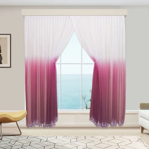 Degrade Renk Geçişli Mürdüm Etekleri Nakışlı Kruvaze Seyrek Pile Tül Perde