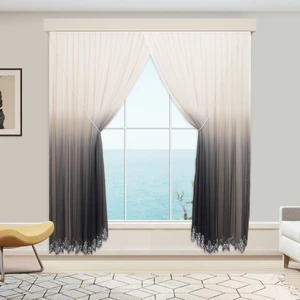 Degrade Renk Geçişli Antrasit Koyu Gri Etekleri Nakışlı Kruvaze Sık Pile Tül Perde