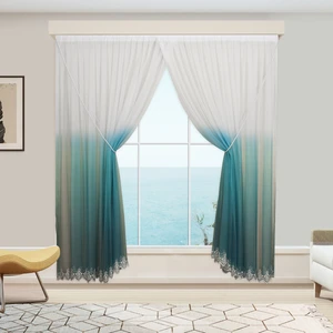 Degrade Renk Geçişli Petrol Mavisi Etekleri Nakışlı Kruvaze Seyrek Pile Tül Perde