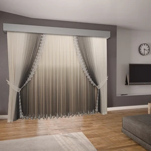 Degrade Renk Geçişli Antrasit Koyu Gri Etekleri Nakışlı Içtül ve Fon Komple Takım Sık Pile Tül Perde