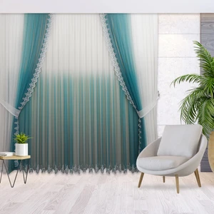 Degrade Renk Geçişli Petrol Mavisi Etekleri Nakışlı Iç Tül ve Fon Komple Takım Sık Pile Tül Perde