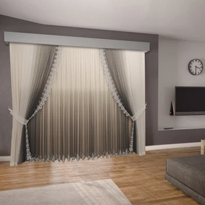 Degrade Renk Geçişli Antrasit  Gri Etekleri Nakışlı Içtül ve Fon Komple Takım Seyrek Pile Tül Perde