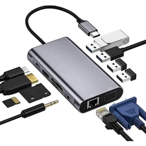 11IN1 USB C Hub Type-C HDMI 4K Thunderbolt 3 Docking Station Laptop Adaptör Aux Sd Tf Kart RJ45 Vag