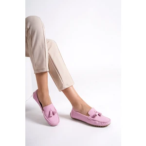 Hakiki Deri 201-PMB Püsküllü Oval Burunlu Kadın Pembe Babet & Loafer Ayakkabı