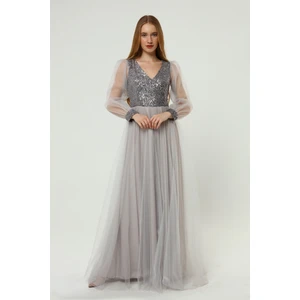 Payet Detaylı V Yaka Tül Abiye Elbise