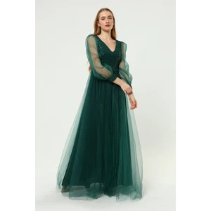 Payet Detaylı V Yaka Tül Abiye Elbise