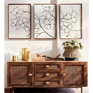 Wooden Factory Ahşap Çerçeveli Çiçek Desenli 3lü Dekoratif Tablo Seti