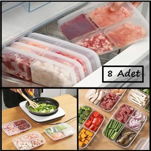 8 Adet 4 Bölmeli Öğünlük Et Sebze Saklama Kabı Bakliyat Bezelye Mısır Buzdolabı Saklama Kutusu
