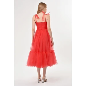 Omuzları Bağlamalı Renkli Tül Abiye Elbise