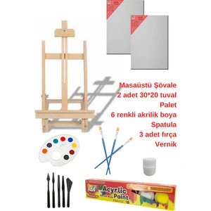 Resim - Boya Seti Lüks - Masa Şövalesi, 2 Adet Tuval, Resim Verniği, Akrilik Boya, Palet, (Şövalye) Lüks Resim Seti