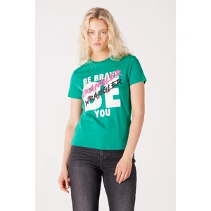 Slim Fit Dar Kesim %100 Pamuk Bisiklet Yaka Yeşil Tişört